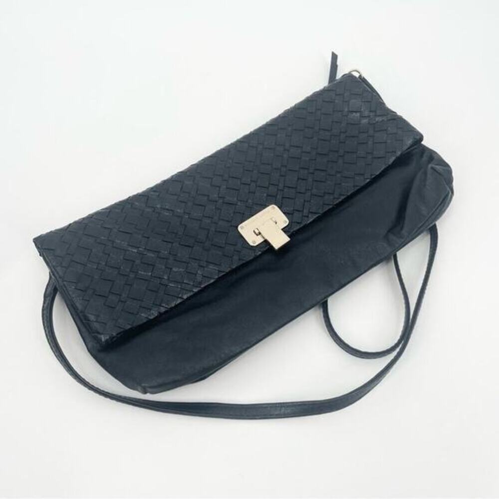 Elliott Lucca Black Leather Crossbody Bag Pebbled Woven Convertible